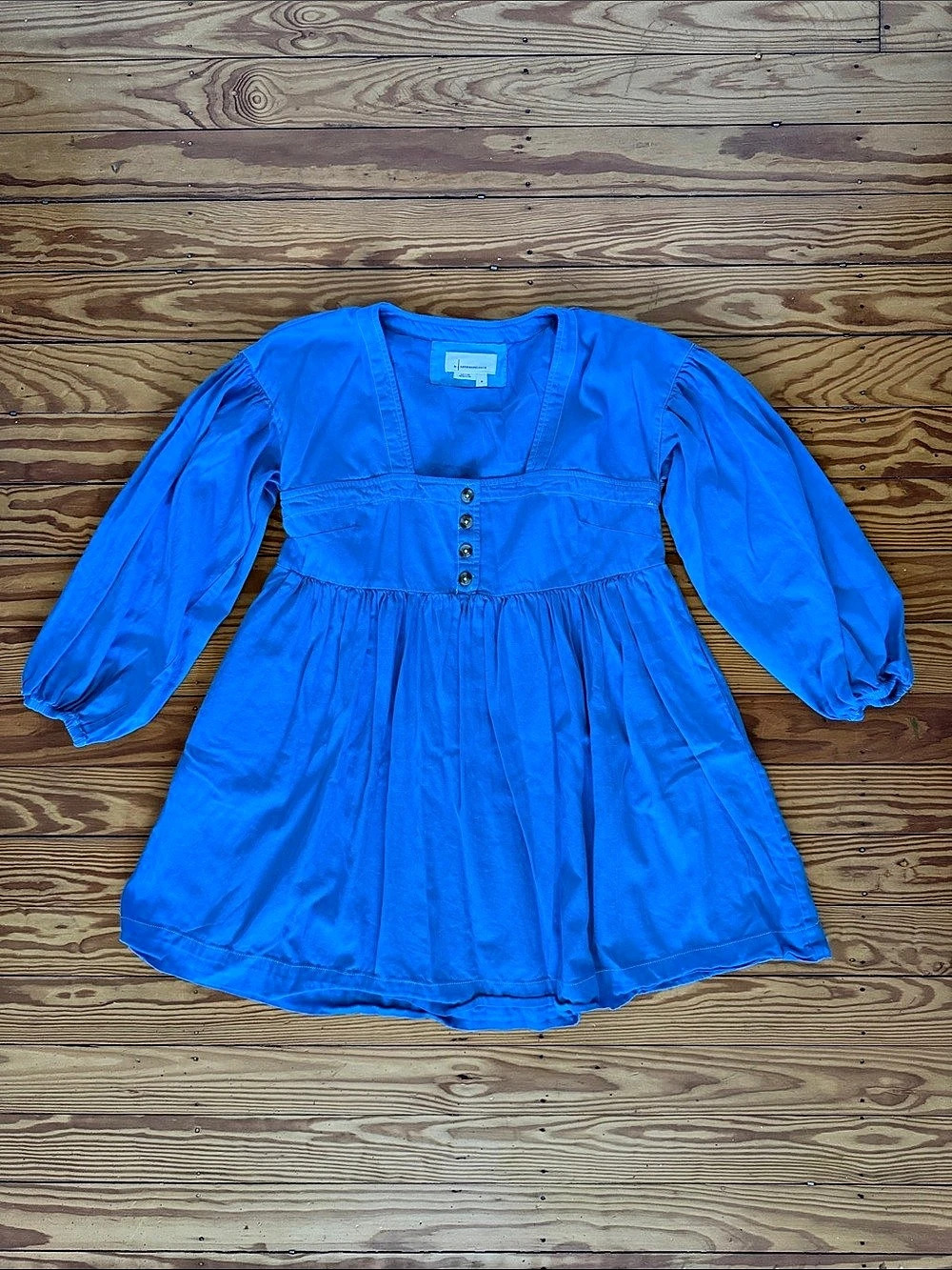 By Anthropologie Long-Sleeve Square-Neck Babydoll Mini Dress Blue Medium